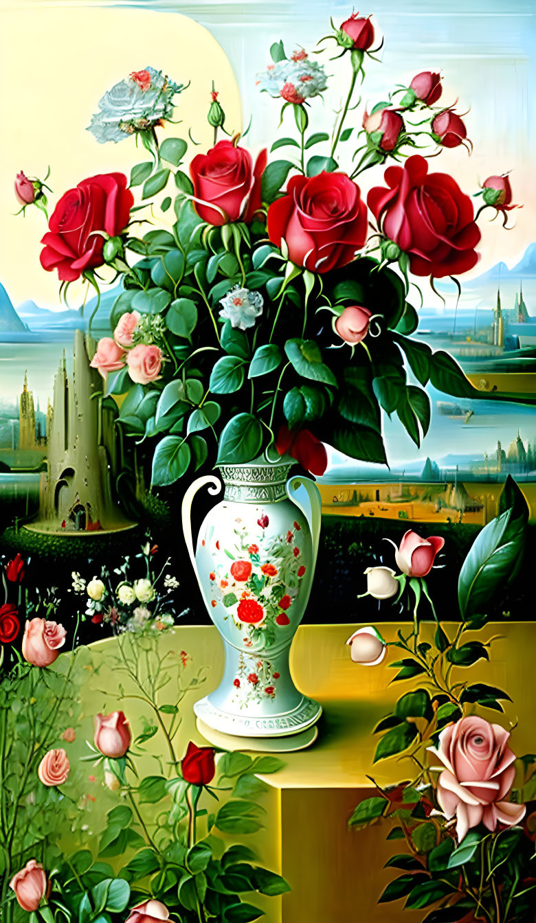 Colorful painting of red roses in white vase with mountain and castle scenery