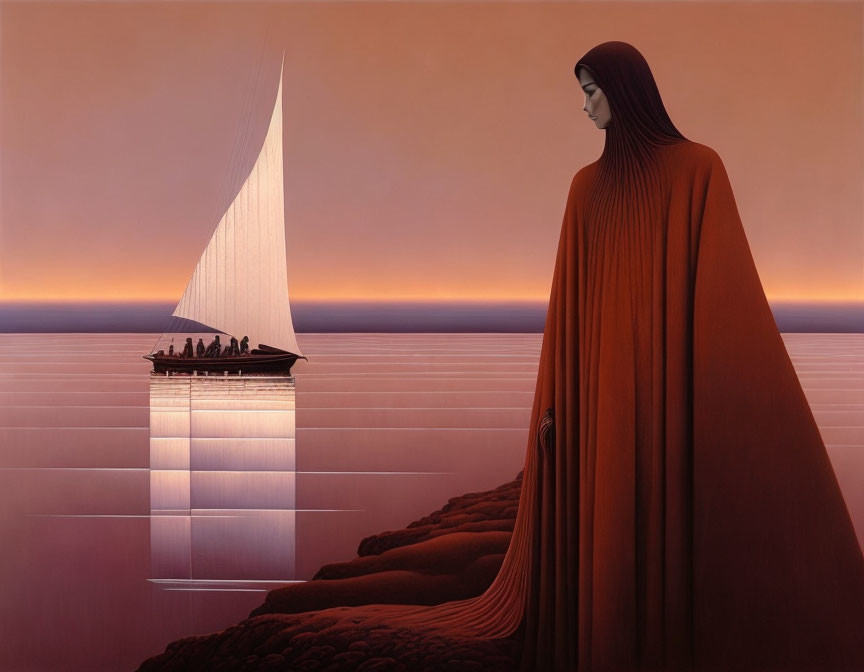 Surreal artwork: Cloaked figure, white sail-like structure, people on platform, gradient sunset