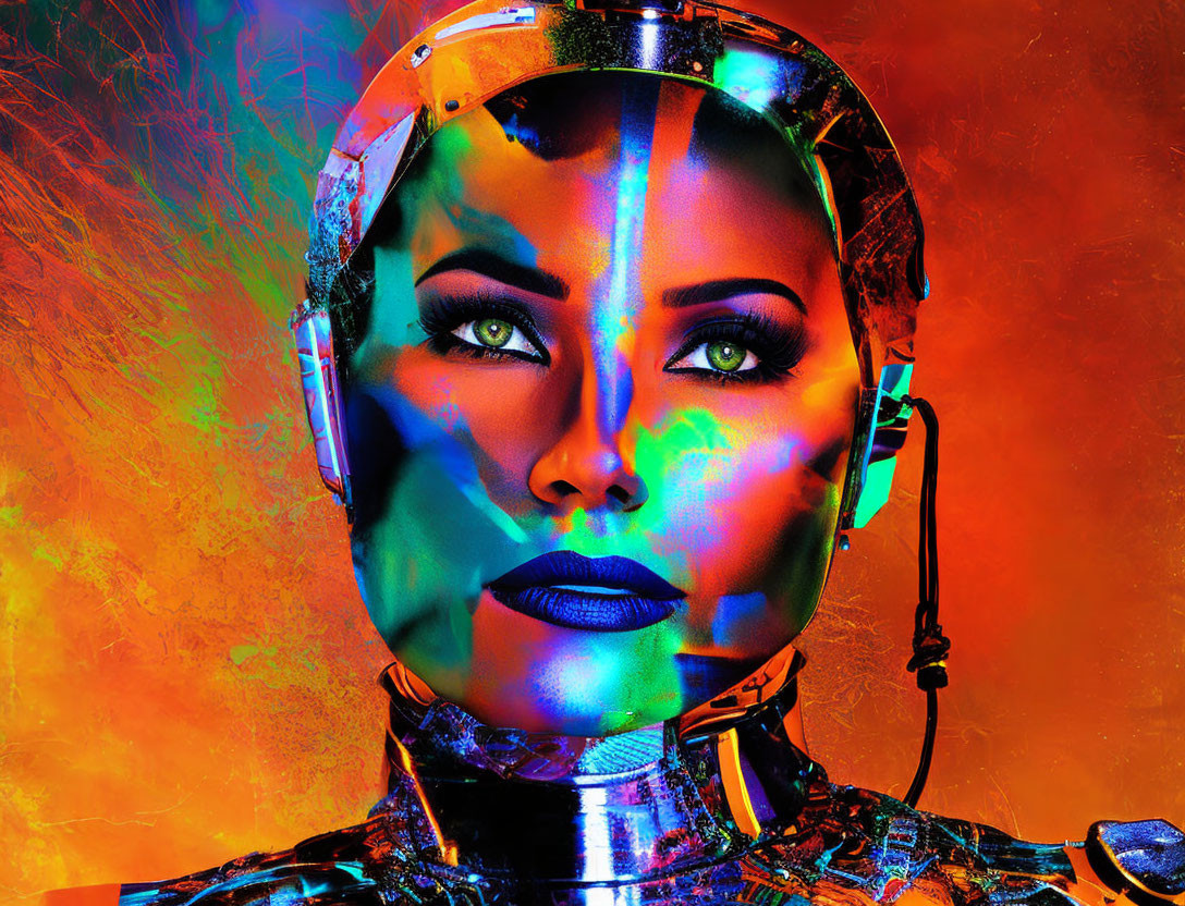 Female android portrait with metallic neck and headset on orange abstract background.