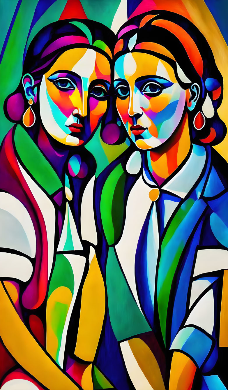 Abstract painting featuring two female figures, geometric shapes, vibrant colors