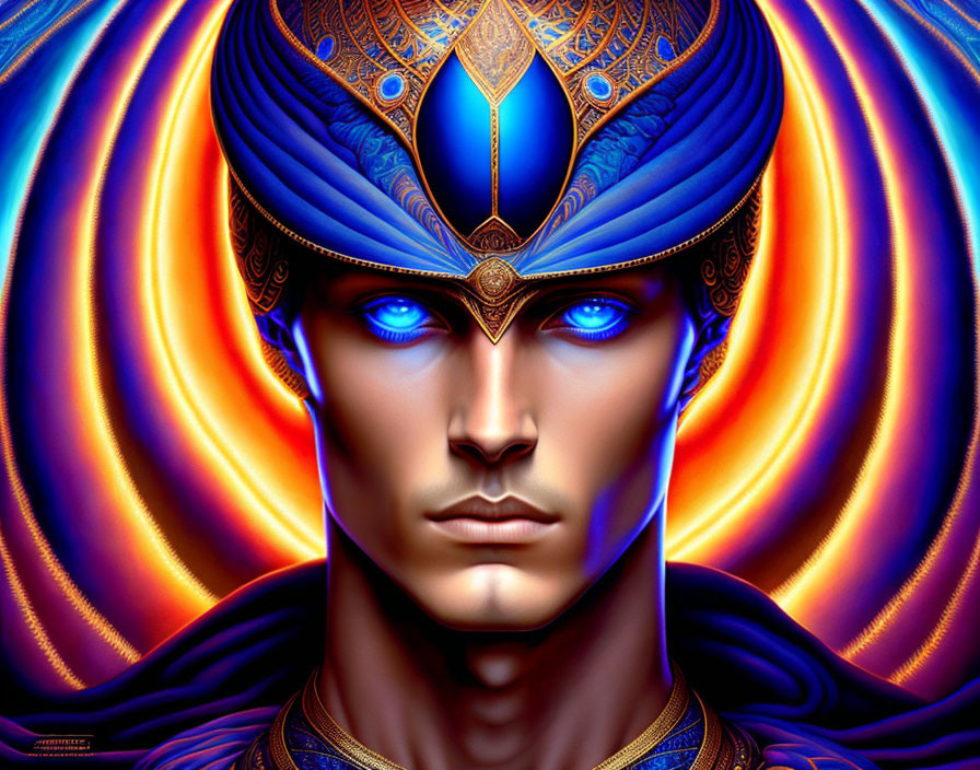 Detailed illustration of a person in ornate blue and gold helmet with vibrant blue eyes against fiery backdrop