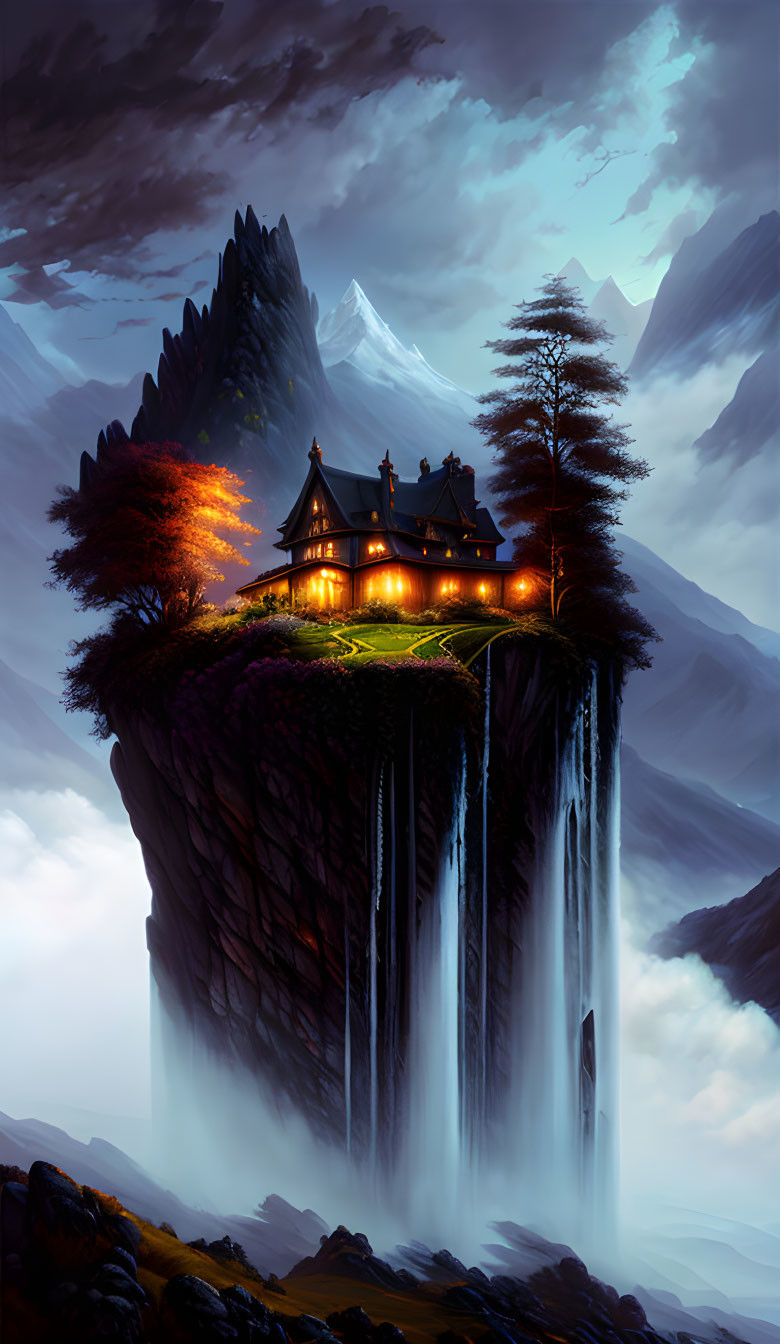 Scenic illuminated cottage on cliff with waterfalls and mountains