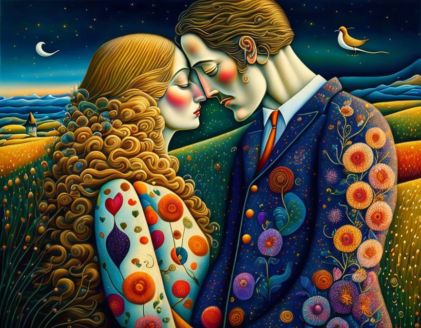 Stylized painting of embracing couple in floral patterns under starry sky