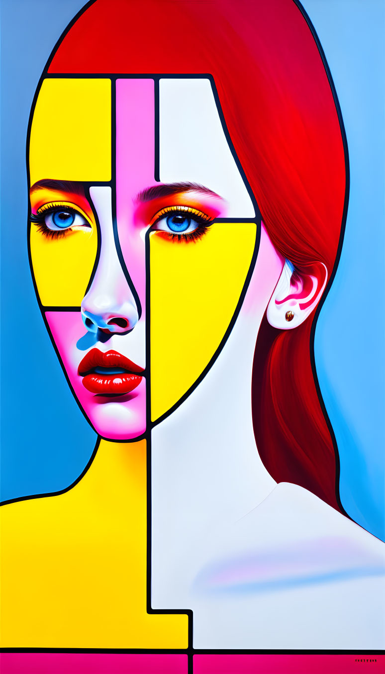 Colorful Abstract Portrait of Woman on Blue Background