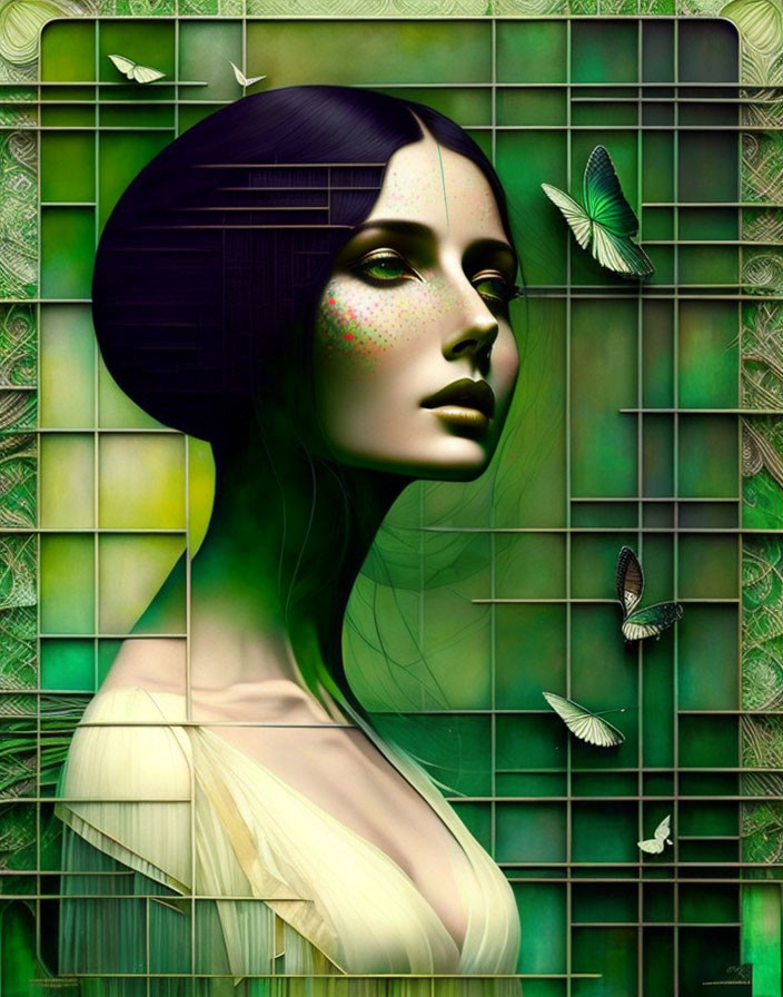 Surreal woman with green skin and butterflies on checkered green background