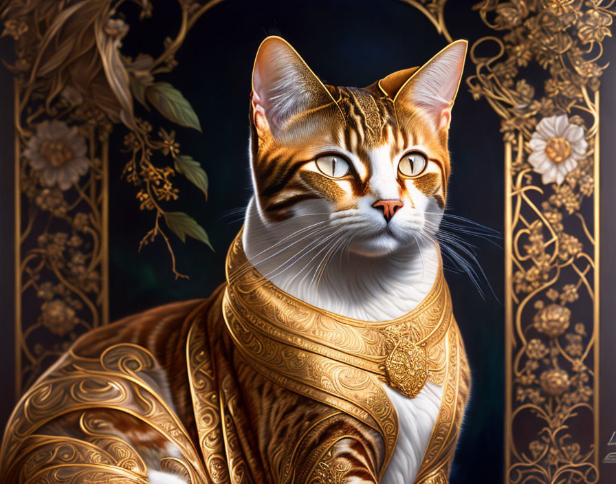 Orange Tabby Cat with Golden Collar on Dark Background