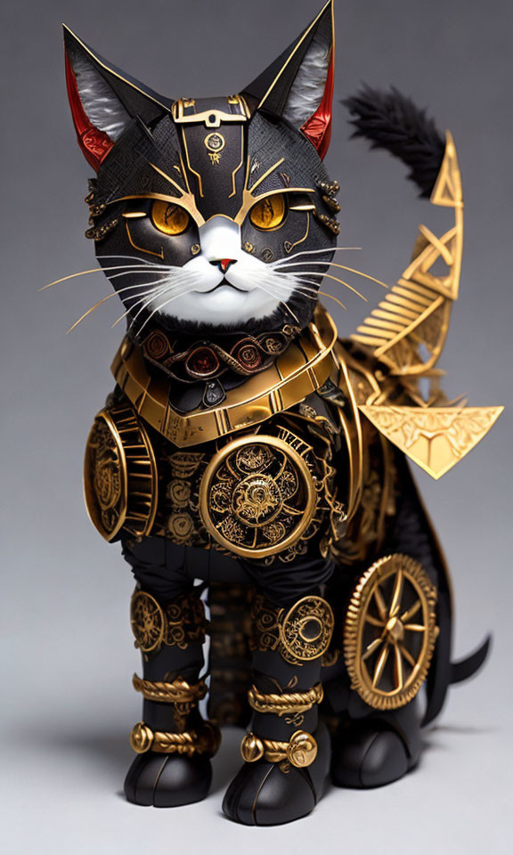 Black Cat Figurine in Gold-Accented Samurai Armor with Mechanical Designs