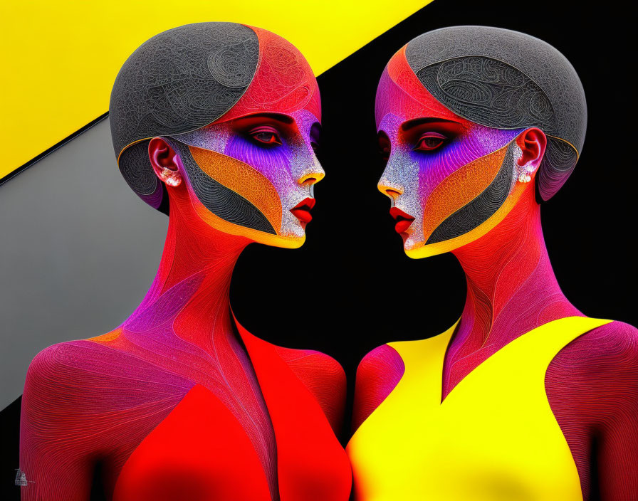 Colorful patterned digital art figures on yellow and black background