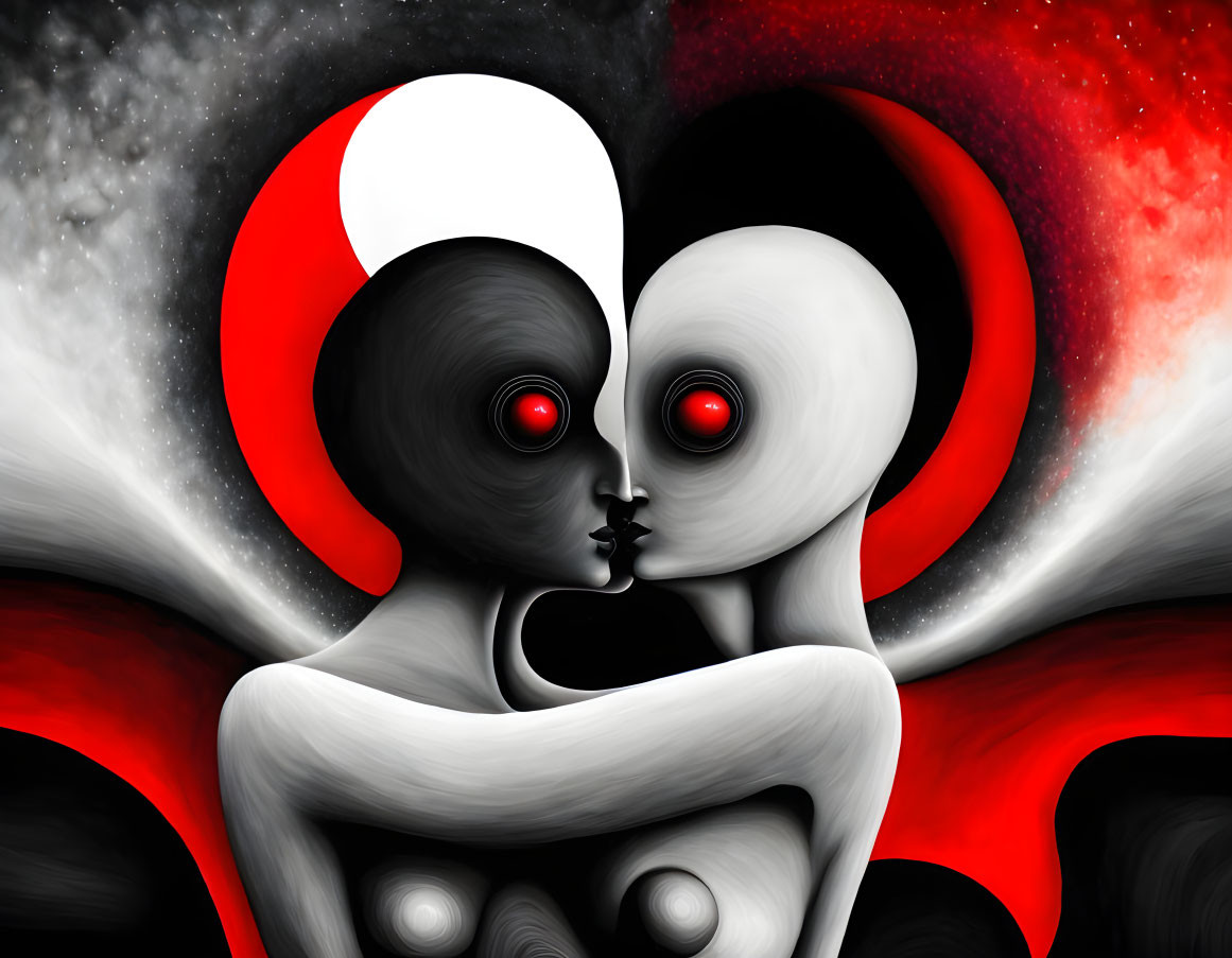 Surreal black and white figures embrace in cosmic red backdrop