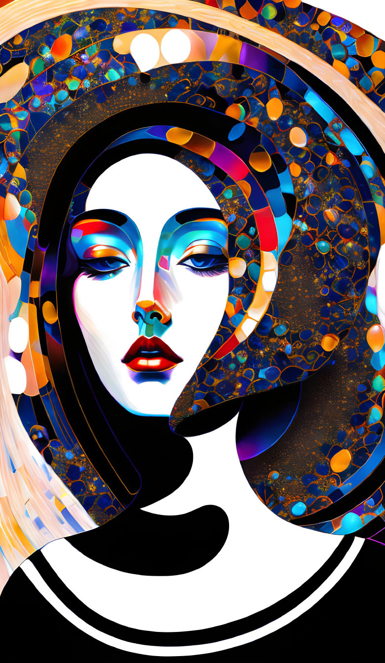 Colorful Stylized Woman with Abstract Shapes and Swirling Patterns