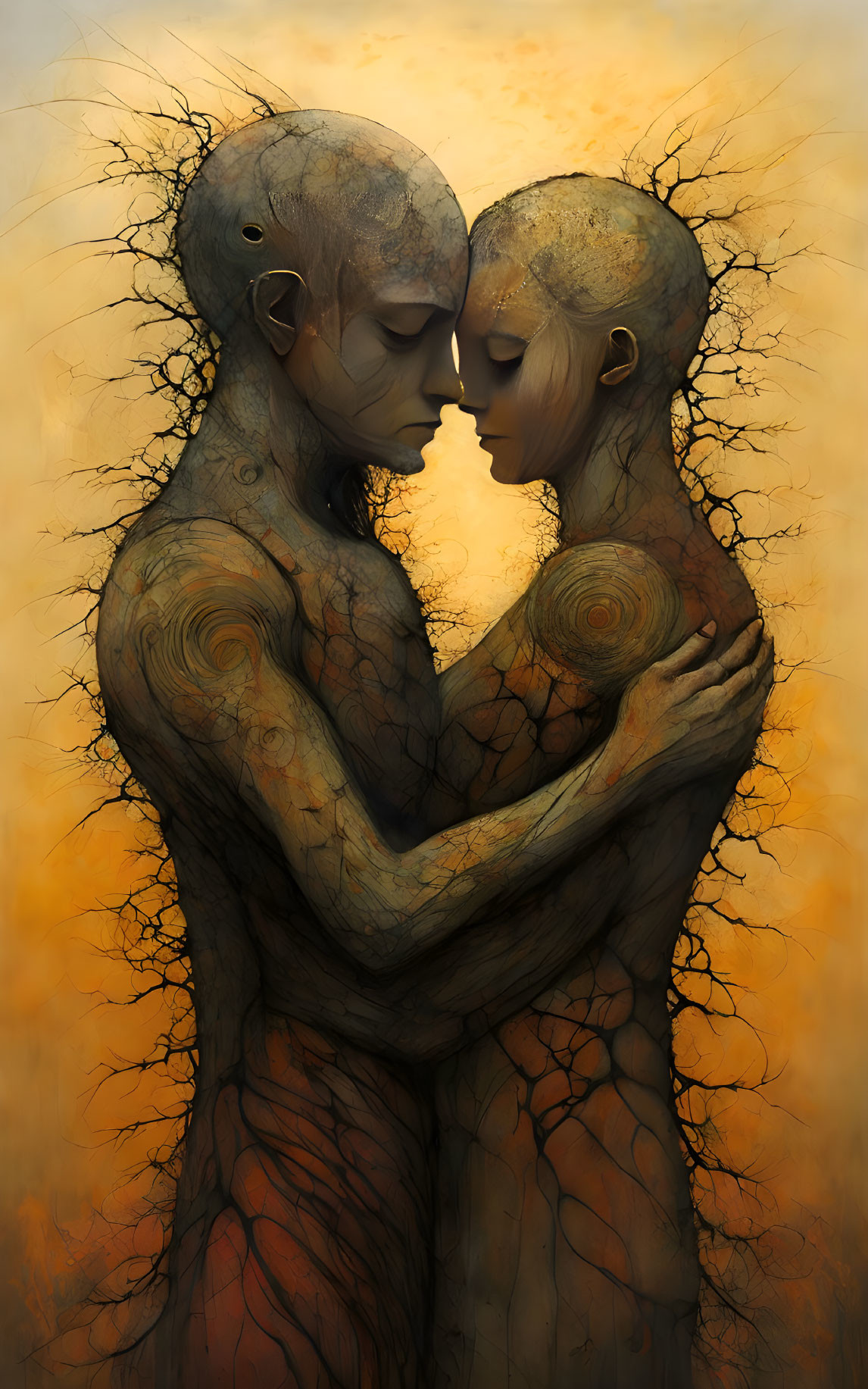 Tree-like humanoid figures embrace against warm-toned backdrop