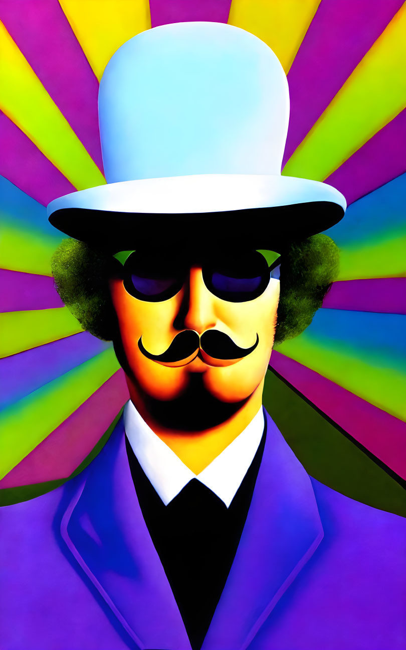 Vibrant illustration of a stylized man with exaggerated mustache in suit and top hat