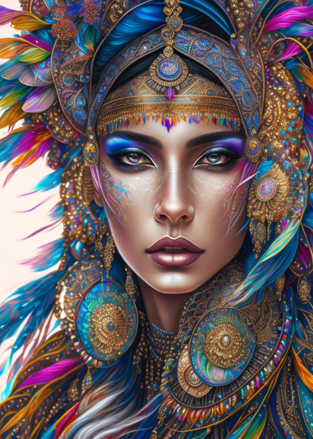 Vibrant woman illustration with feathered headdress and intense blue eyes