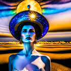 Portrait of a woman with celestial hat in surreal sunset landscape
