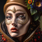 Digital artwork: Woman with ornate makeup and accessories, floral and fruit motifs on soft backdrop