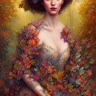 Woman in Autumn Leaf Dress Against Golden Backdrop