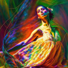 Colorful Abstract Portrait of Woman with Swirling Patterns in Blue, Orange, and Green