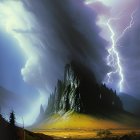Vibrant landscape painting: lightning storm over mountain range