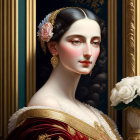 Classical portrait of woman with pale complexion and elegant attire surrounded by white roses