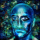 Detailed digital artwork of face with blue and gold floral patterns