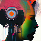 Colorful surreal painting with abstract face silhouette and celestial motifs