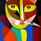 Vibrant abstract painting of stylized cat's face with geometric shapes