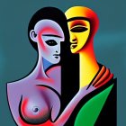 Colorful Abstract Painting of Two Figures Embracing