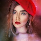 Portrait of Woman in Vibrant Red Hood with Piercing Eyes