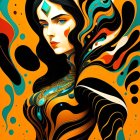 Colorful digital painting of woman merging with abstract waves