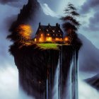 Scenic illuminated cottage on cliff with waterfalls and mountains