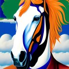 Surreal horse portrait with flowing mane in suit against cloud-filled sky