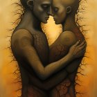 Tree-like humanoid figures embrace against warm-toned backdrop