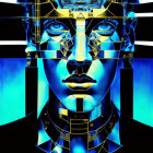 Vibrant blue and gold futuristic robotic face on black background