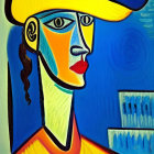 Abstract painting of figure with stylized face in bold yellow, blue, and red colors on blue background