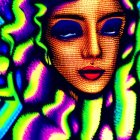 Colorful digital artwork of female figure with wavy hair and gold facial adornments on psychedelic backdrop
