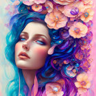 Vibrant blue hair woman with pastel flower adornments in colorful illustration