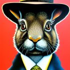 Colorful Rabbit in Blue Coat and Top Hat on Red-Orange Background