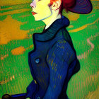 Stylized portrait of woman with red hair in wide-brimmed hat on yellow-green background