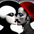 Stylized theatrical faces with high-contrast makeup in black, white, and red.