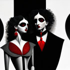 Male and female figure in stylized illustration with exaggerated features and red-black-white color scheme against striped background