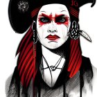 Monochrome artwork featuring a woman with red face paint and headdress