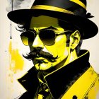 Stylized man in yellow attire with hat and sunglasses on yellow and black splattered background