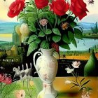 Colorful painting of red roses in white vase with mountain and castle scenery