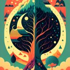 Split day-night tree illustration on circular backdrop with celestial theme