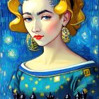 Stylized digital portrait of woman with blue hair and yellow headscarf on chessboard background