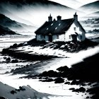 Scenic illustration: Cozy cottage with blue roof by rocky shore