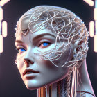 Detailed digital art of female android with white circuitry, blue eyes, against dark backdrop.