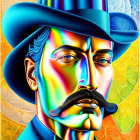 Colorful portrait of a man with top hat and mustache on swirling background