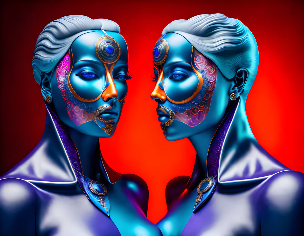 Stylized figures with blue skin and elaborate faces on red background