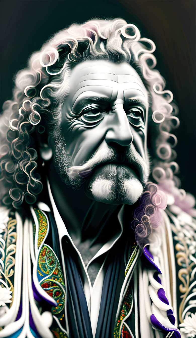 Stylized digital portrait of distinguished man with grey hair and ornate coat